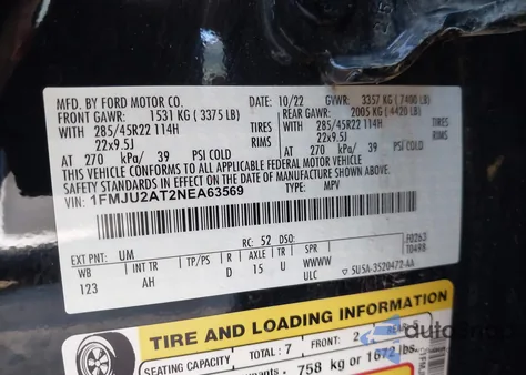 2022 Ford Expedition Limited z USA, uszkodzony, nr VIN 1FMJU2AT2NEA63569